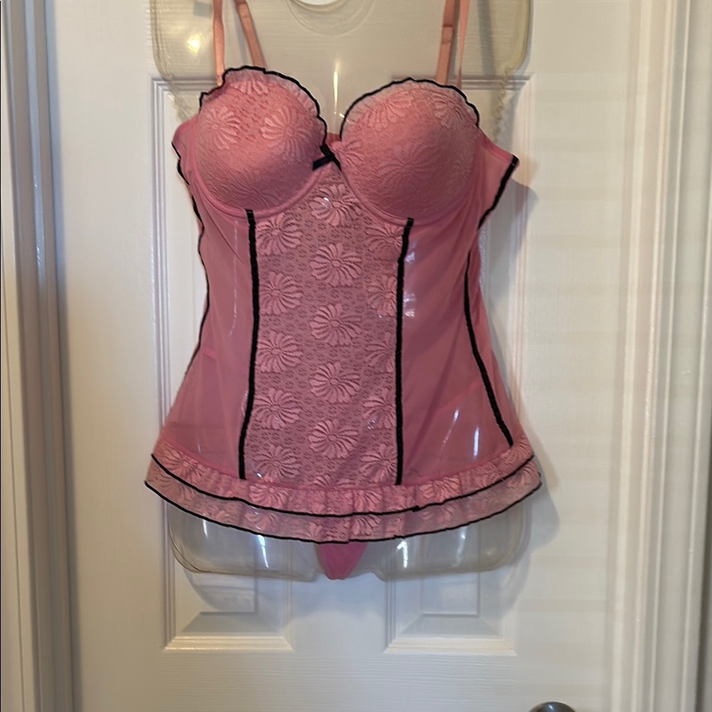 Native Intimates Pink and Black Chemise with Lace and Satin Accents